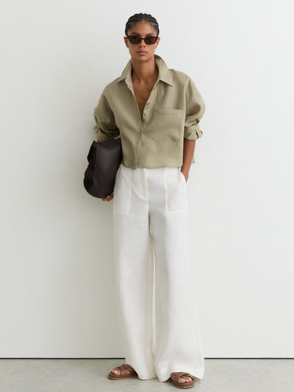 Linen Oversize Cropped Shirt in Green