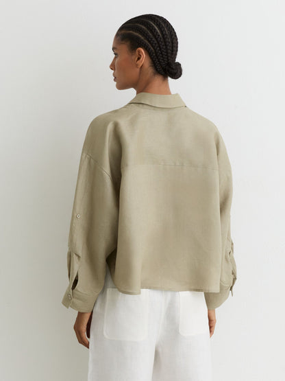 Linen Oversize Cropped Shirt in Green