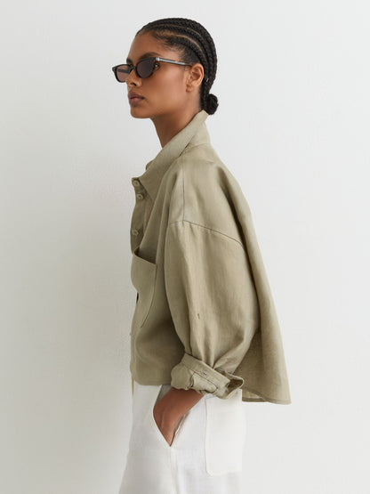 Linen Oversize Cropped Shirt in Green