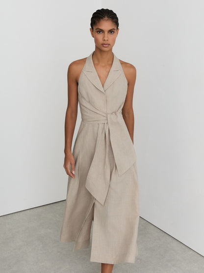 Linen Tie-Waist Tailored Midi Dress in Neutral