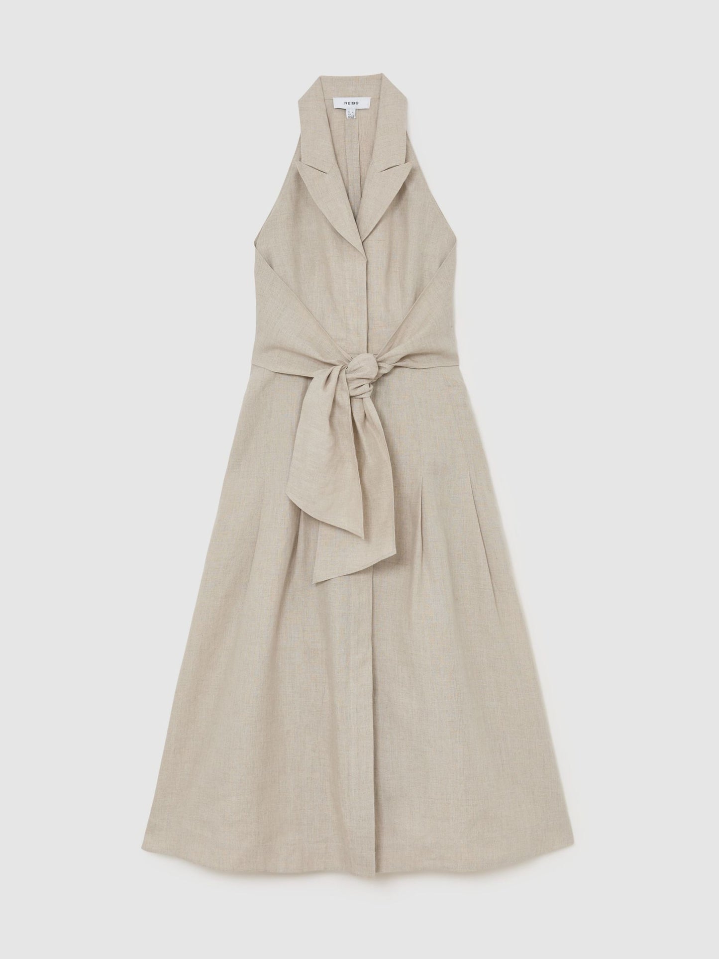 Linen Tie-Waist Tailored Midi Dress in Neutral