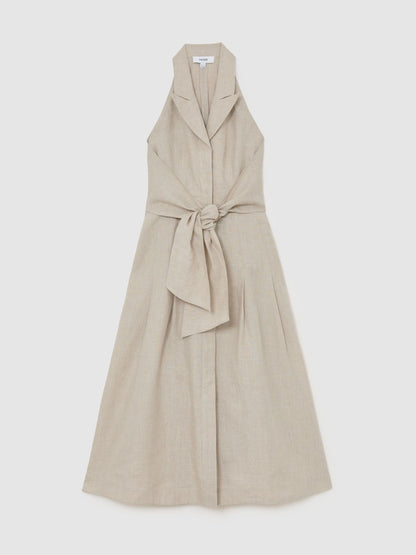 Linen Tie-Waist Tailored Midi Dress in Neutral