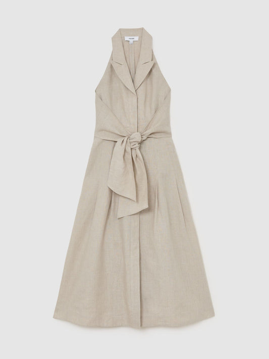 Linen Tie-Waist Tailored Midi Dress in Neutral
