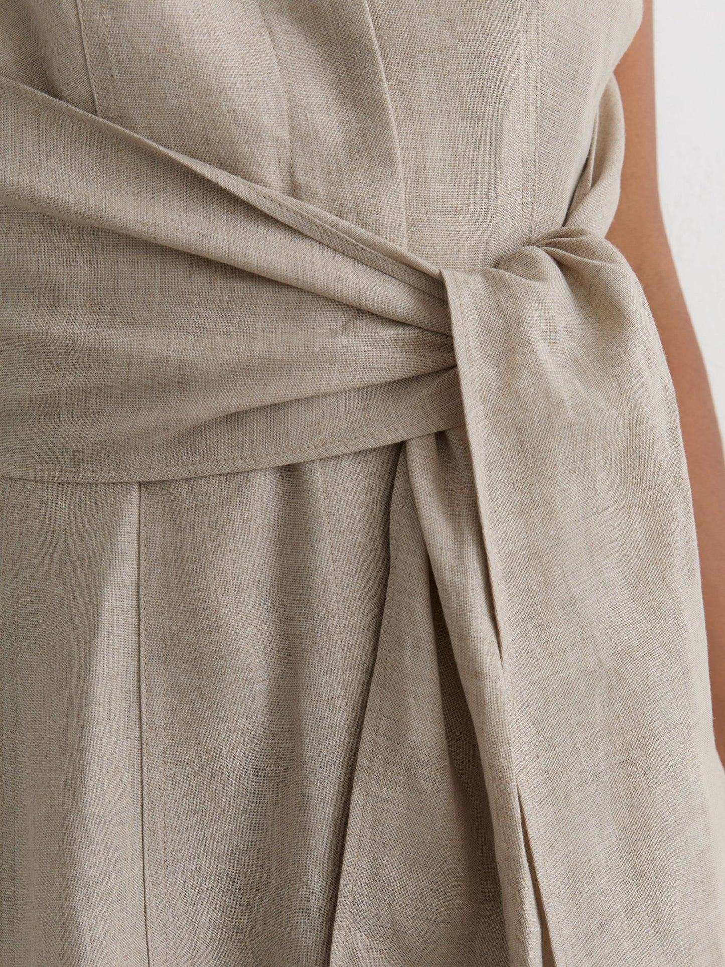 Linen Tie-Waist Tailored Midi Dress in Neutral