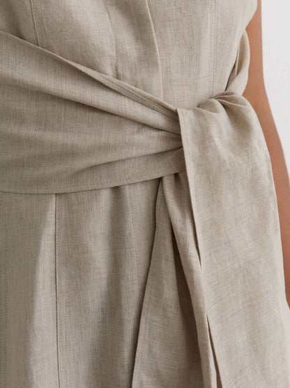 Linen Tie-Waist Tailored Midi Dress in Neutral