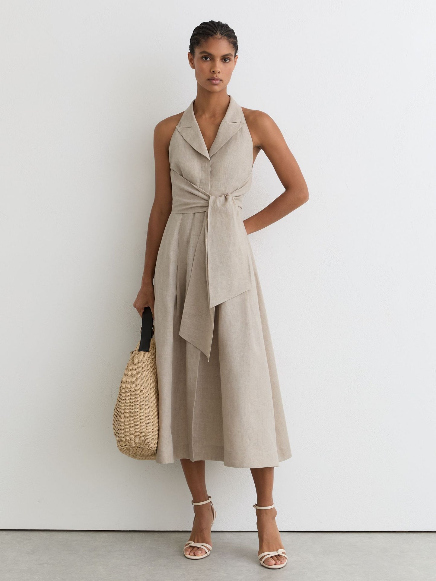 Linen Tie-Waist Tailored Midi Dress in Neutral