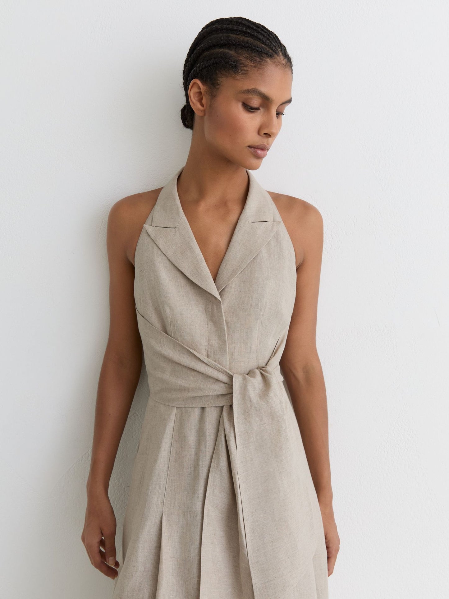Linen Tie-Waist Tailored Midi Dress in Neutral