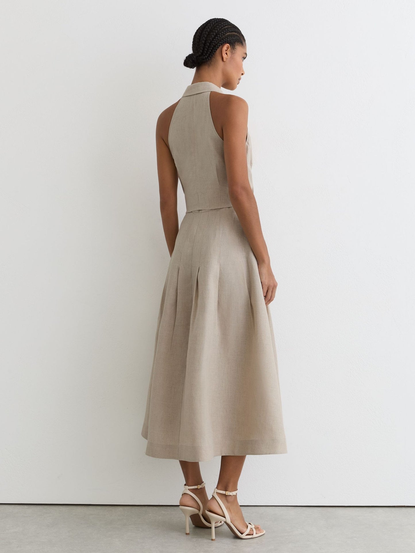 Linen Tie-Waist Tailored Midi Dress in Neutral