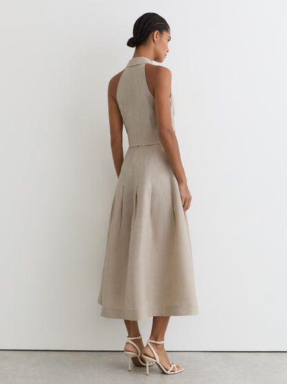 Linen Tie-Waist Tailored Midi Dress in Neutral