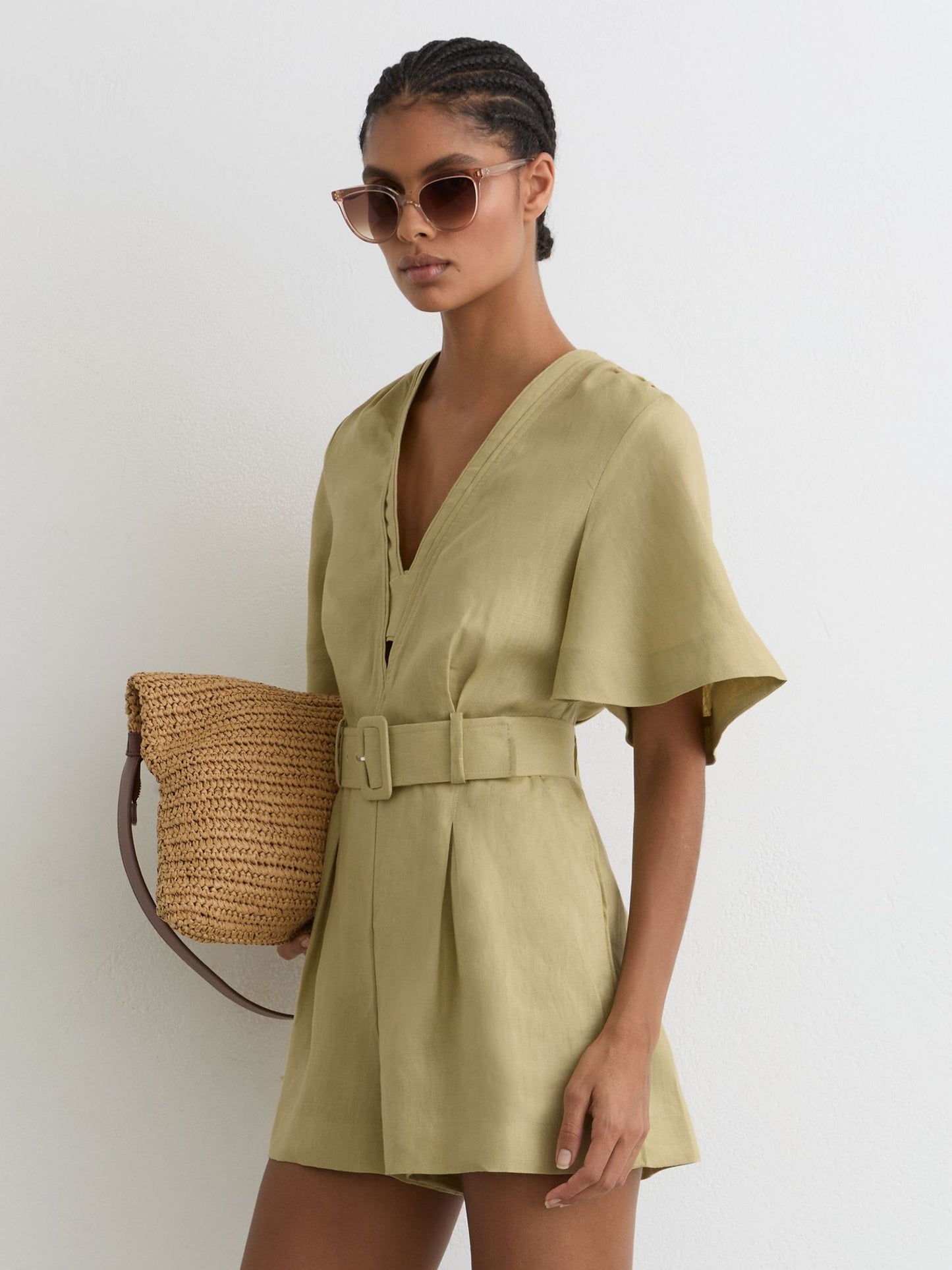 Linen Short-Sleeve Belted Playsuit in Green