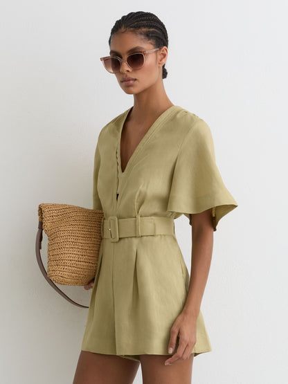 Linen Short-Sleeve Belted Playsuit in Green