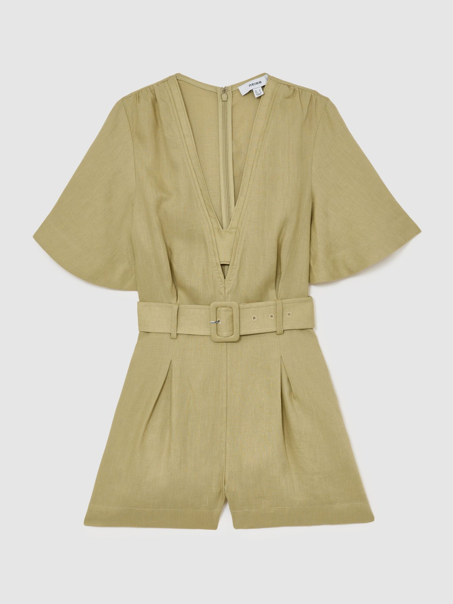 Linen Short-Sleeve Belted Playsuit in Green