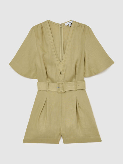 Linen Short-Sleeve Belted Playsuit in Green