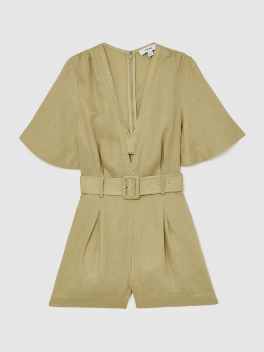 Linen Short-Sleeve Belted Playsuit in Green