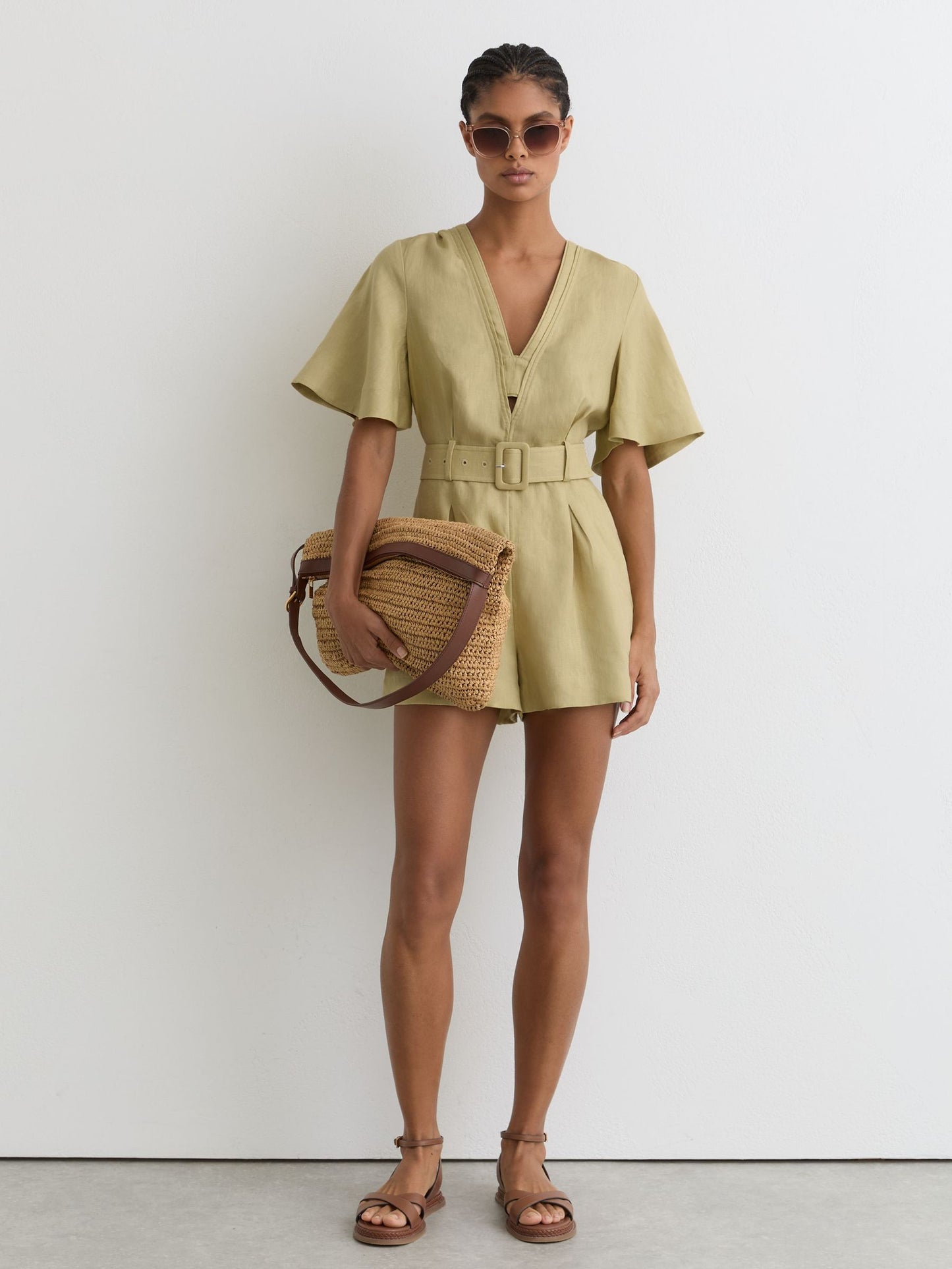 Linen Short-Sleeve Belted Playsuit in Green