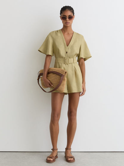 Linen Short-Sleeve Belted Playsuit in Green
