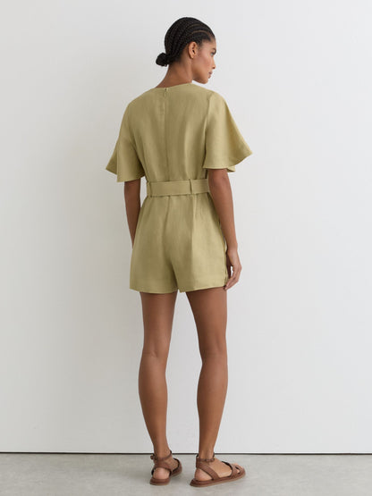 Linen Short-Sleeve Belted Playsuit in Green
