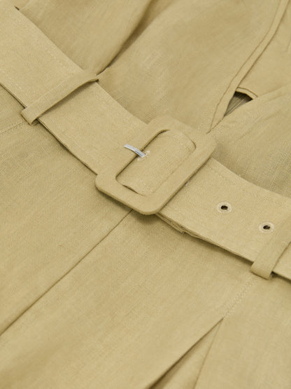 Linen Short-Sleeve Belted Playsuit in Green