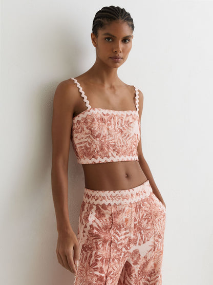 Linen Wave-Trim Printed Cami Top in Pale Pink