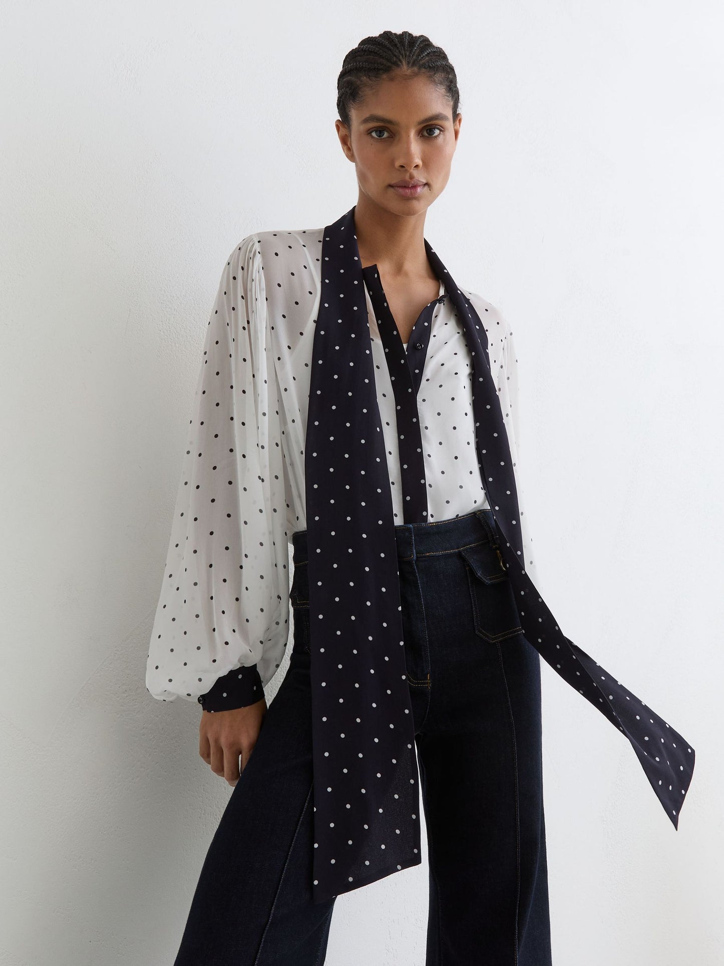 Polka-Dot Tie-Neck Blouse in Ivory/Navy