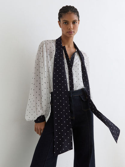 Polka-Dot Tie-Neck Blouse in Ivory/Navy