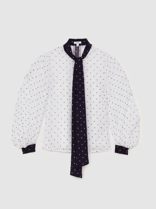Polka-Dot Tie-Neck Blouse in Ivory/Navy
