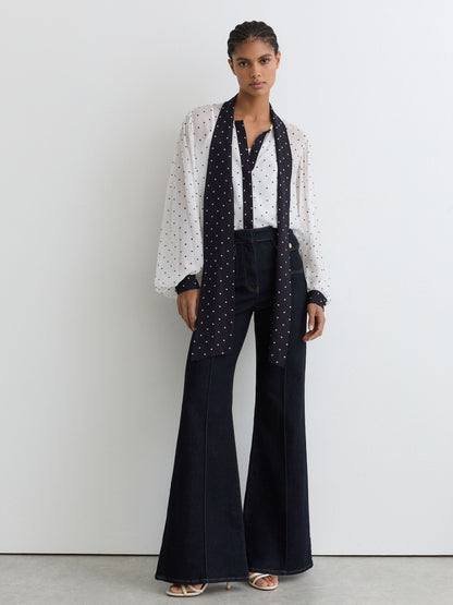 Polka-Dot Tie-Neck Blouse in Ivory/Navy