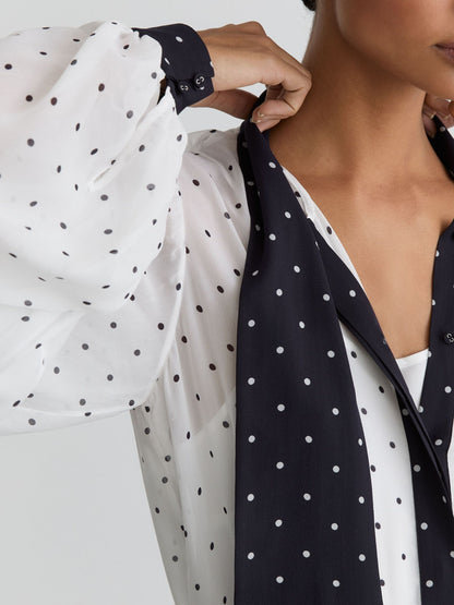 Polka-Dot Tie-Neck Blouse in Ivory/Navy