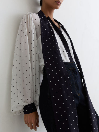 Polka-Dot Tie-Neck Blouse in Ivory/Navy