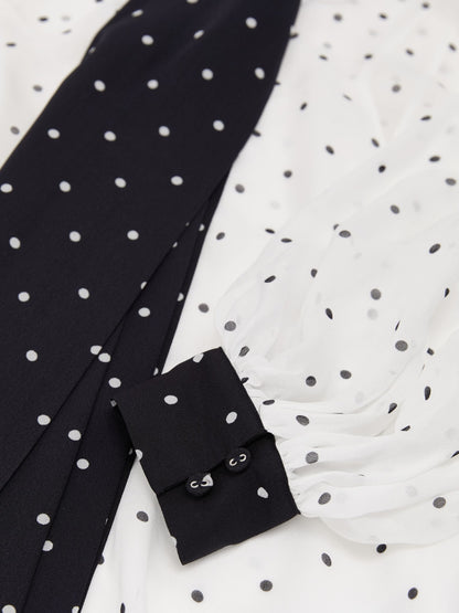 Polka-Dot Tie-Neck Blouse in Ivory/Navy