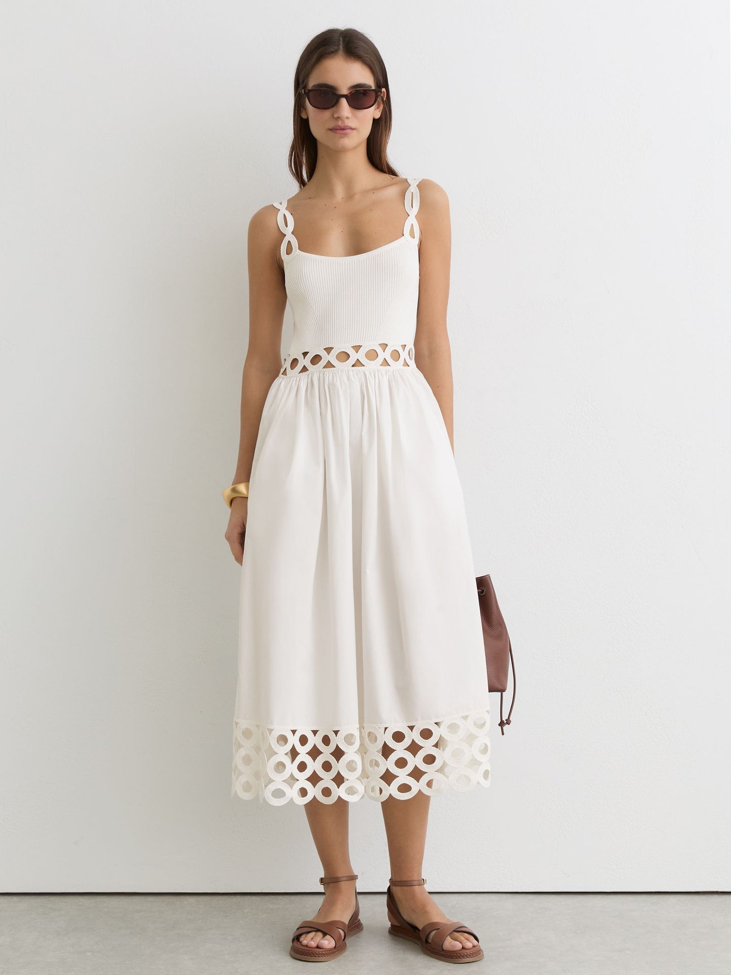 Rib-Knit Woven Mix Cut-Out Midi Dress in Ivory
