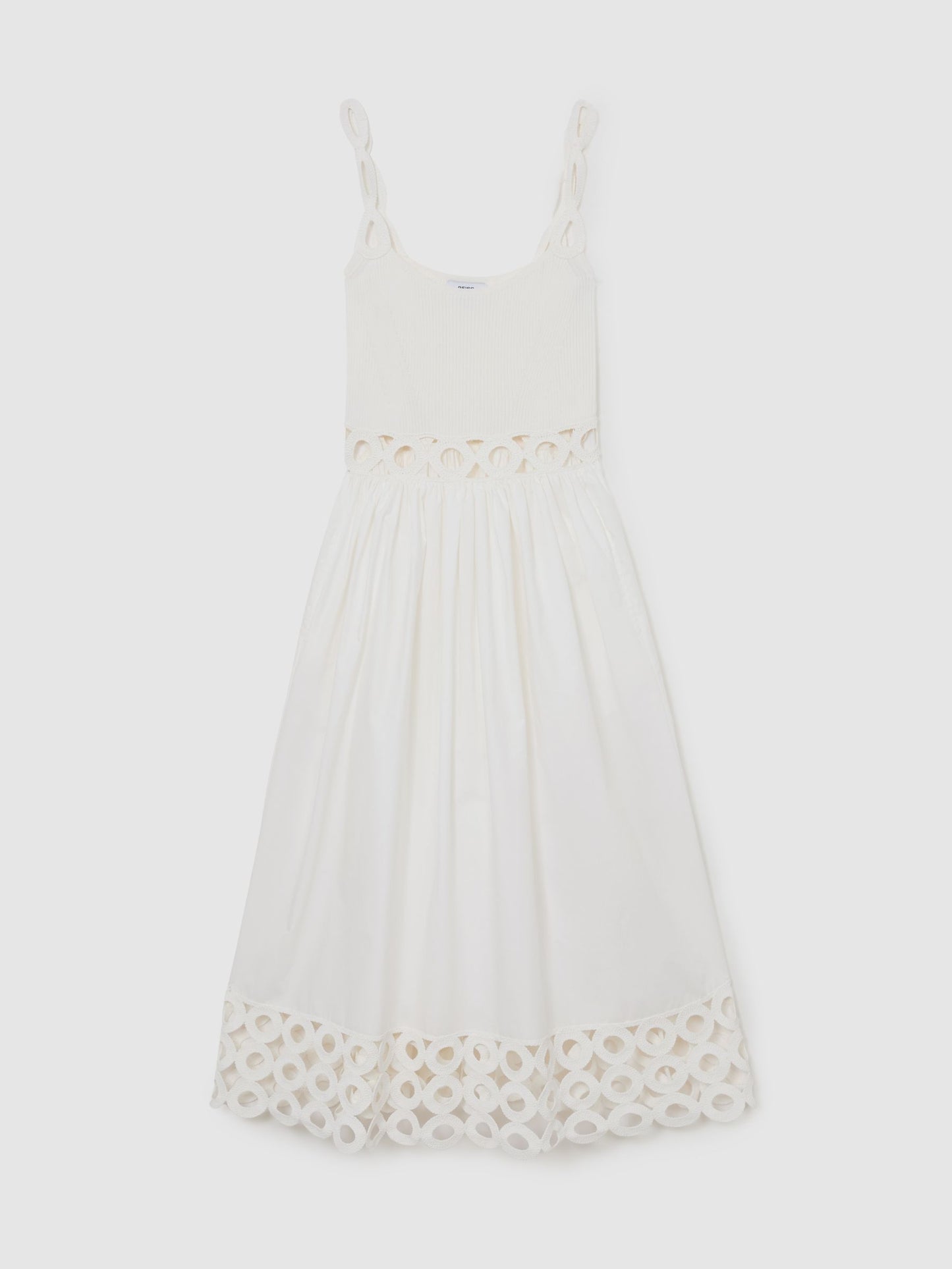 Rib-Knit Woven Mix Cut-Out Midi Dress in Ivory