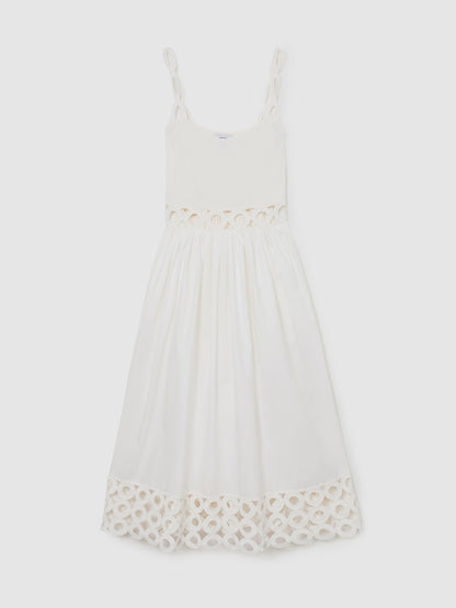 Rib-Knit Woven Mix Cut-Out Midi Dress in Ivory
