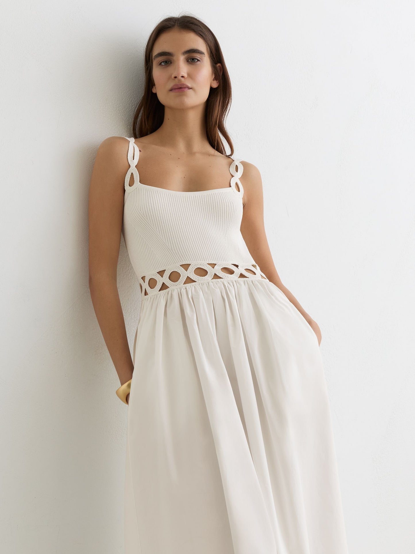 Rib-Knit Woven Mix Cut-Out Midi Dress in Ivory