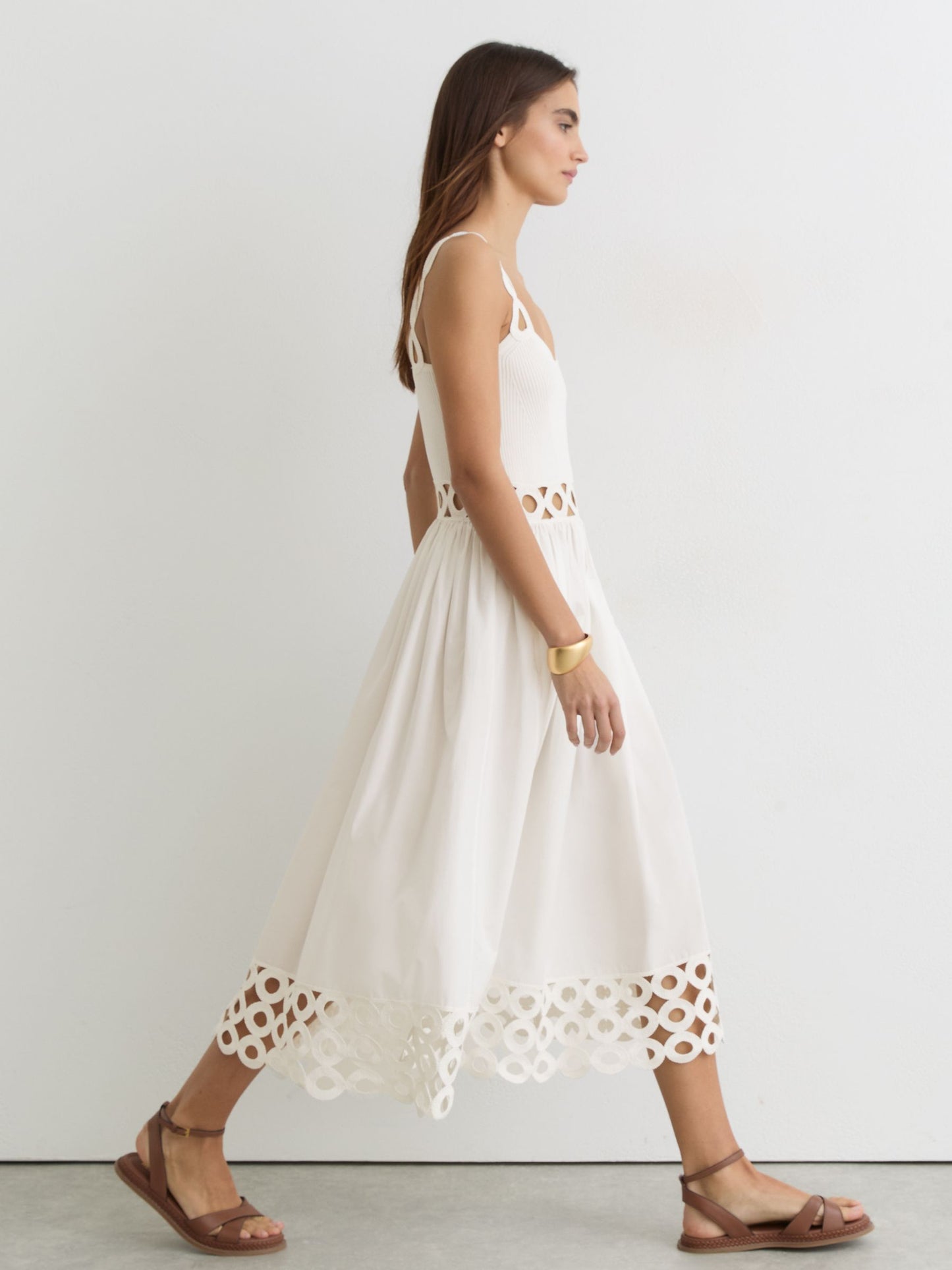 Rib-Knit Woven Mix Cut-Out Midi Dress in Ivory
