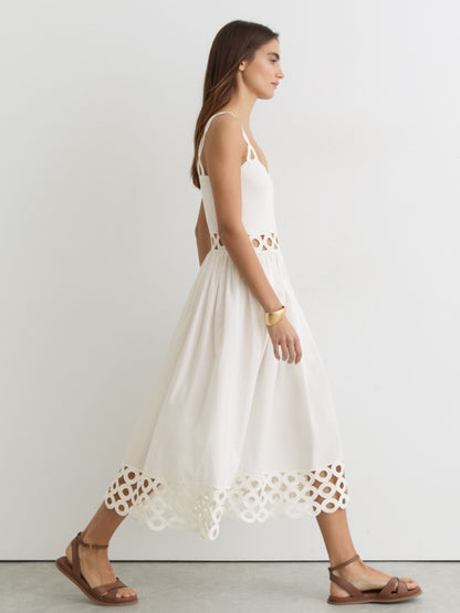 Rib-Knit Woven Mix Cut-Out Midi Dress in Ivory