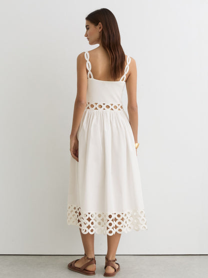 Rib-Knit Woven Mix Cut-Out Midi Dress in Ivory