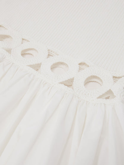 Rib-Knit Woven Mix Cut-Out Midi Dress in Ivory