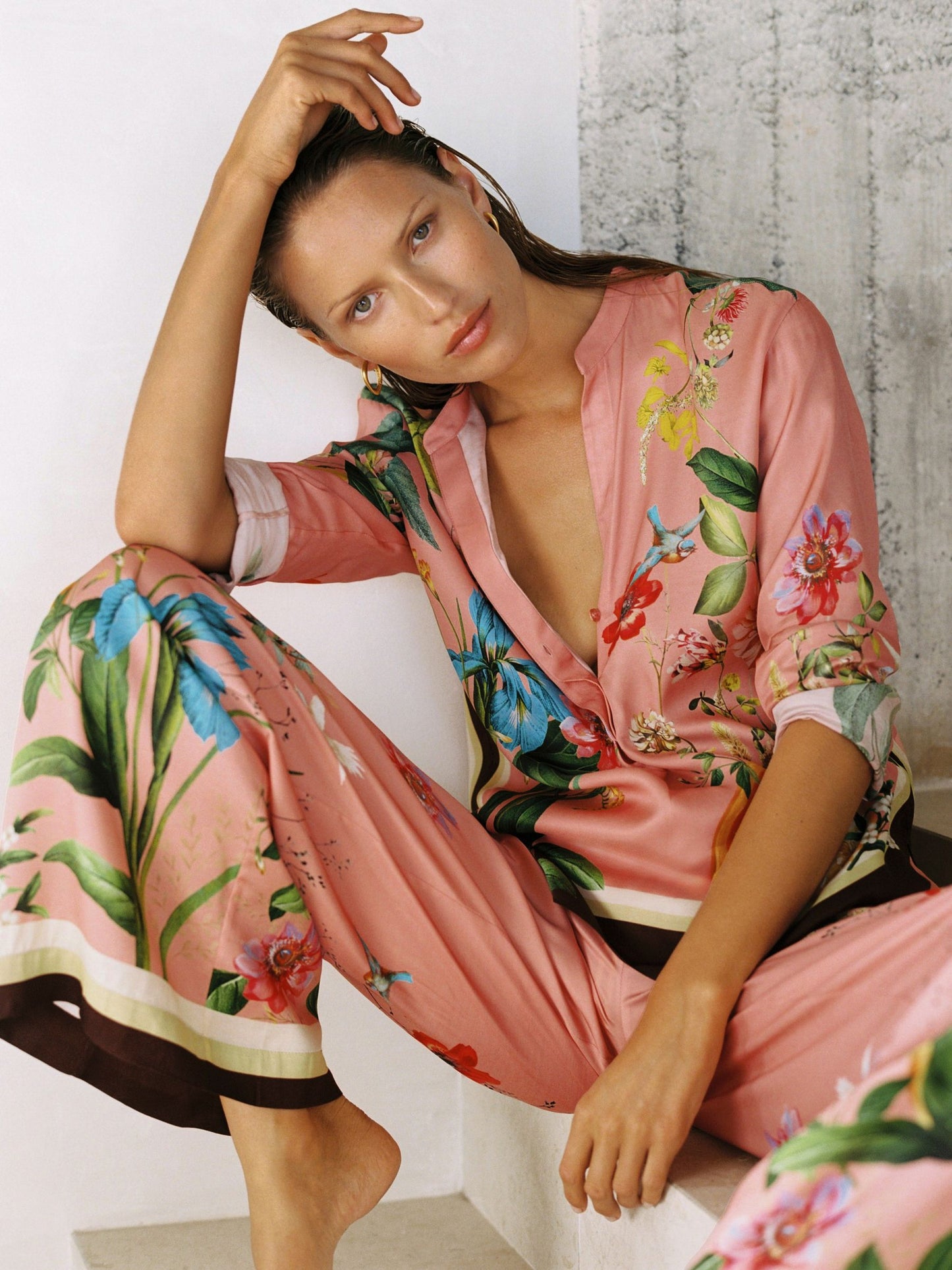 Tropical Scarf-Print Half-Button Shirt in Pink