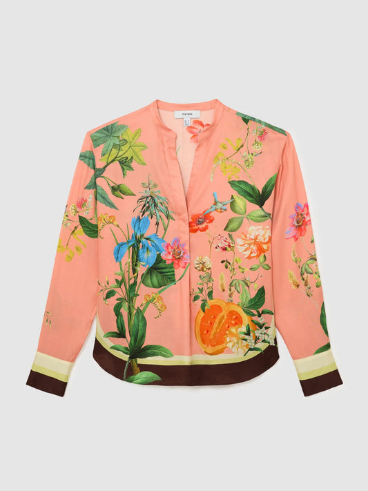 Tropical Scarf-Print Half-Button Shirt in Pink