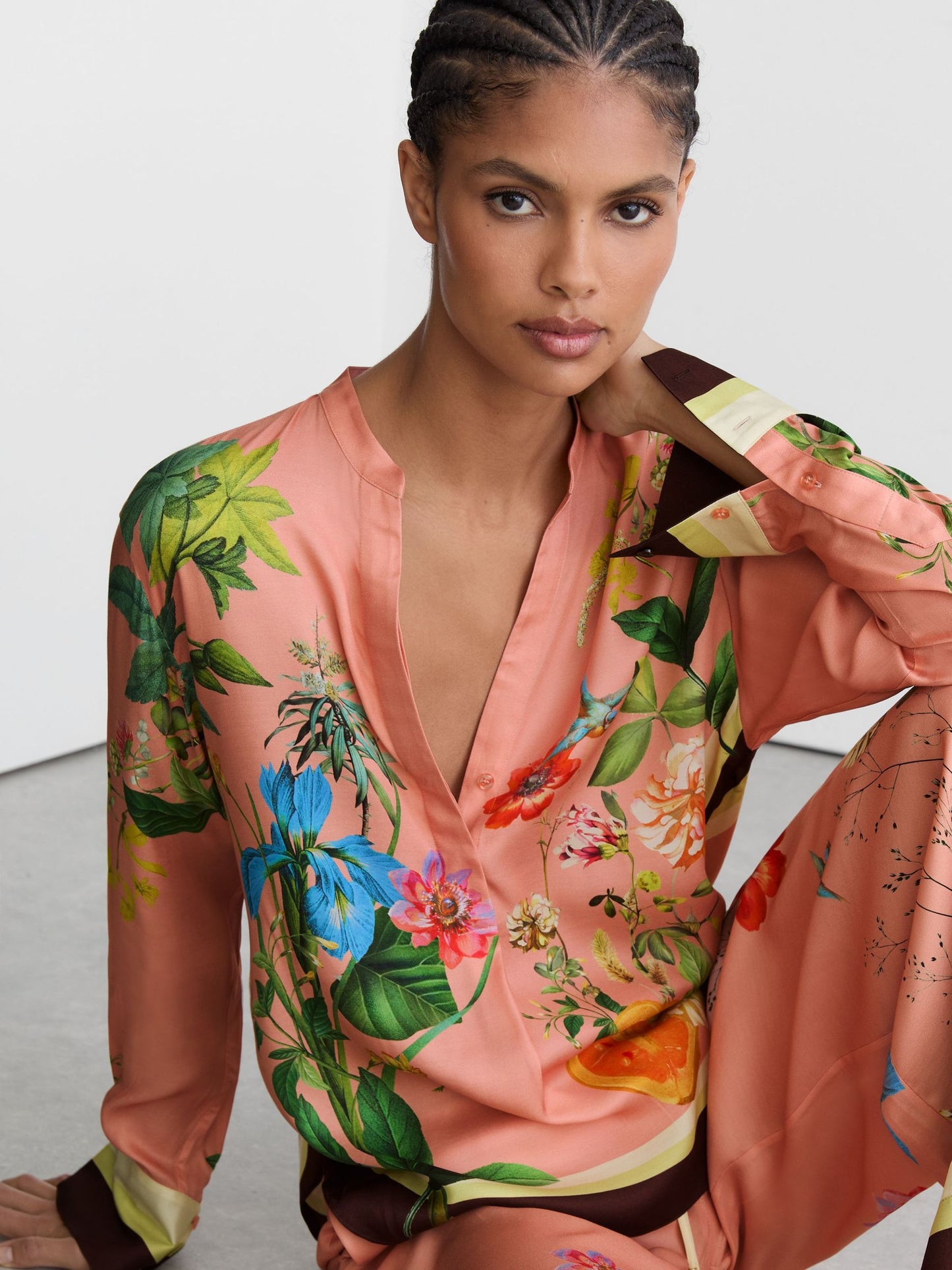 Tropical Scarf-Print Half-Button Shirt in Pink
