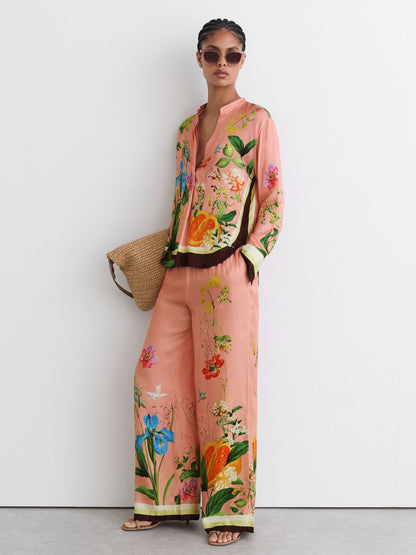 Tropical Scarf-Print Half-Button Shirt in Pink