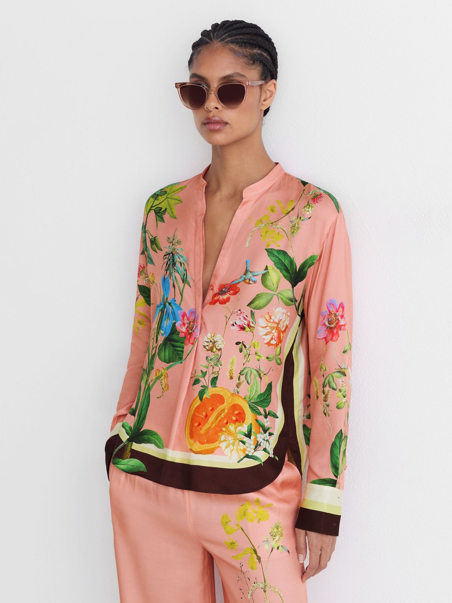 Tropical Scarf-Print Half-Button Shirt in Pink