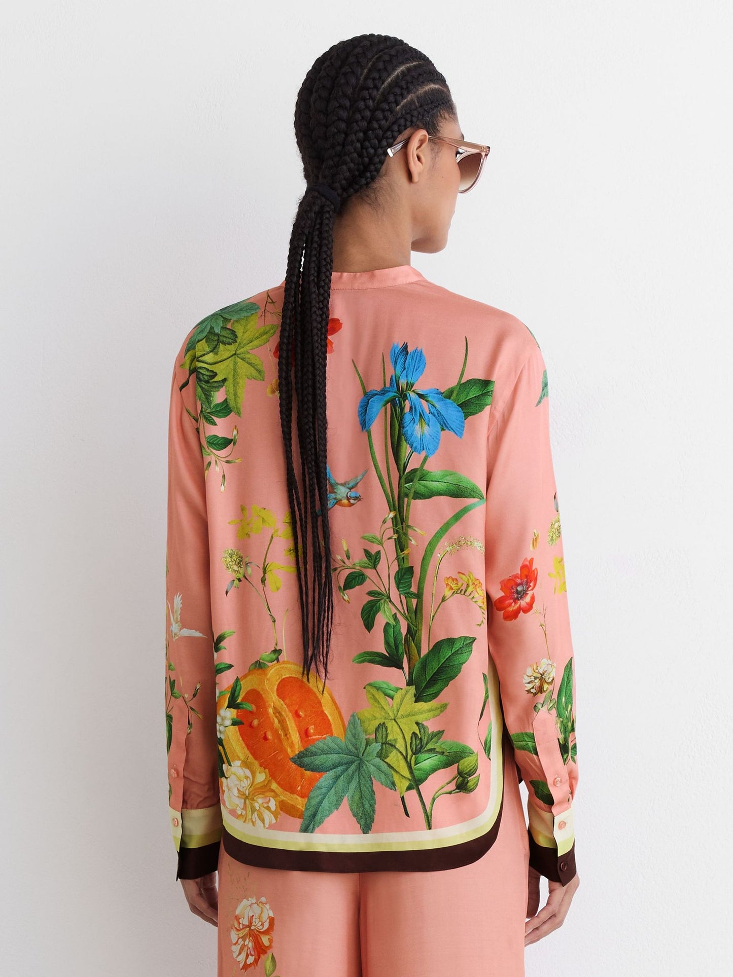Tropical Scarf-Print Half-Button Shirt in Pink
