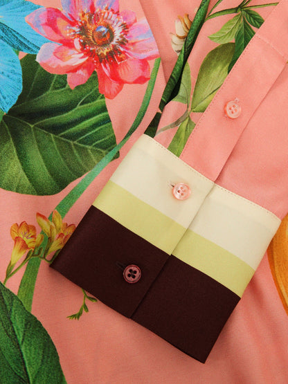 Tropical Scarf-Print Half-Button Shirt in Pink