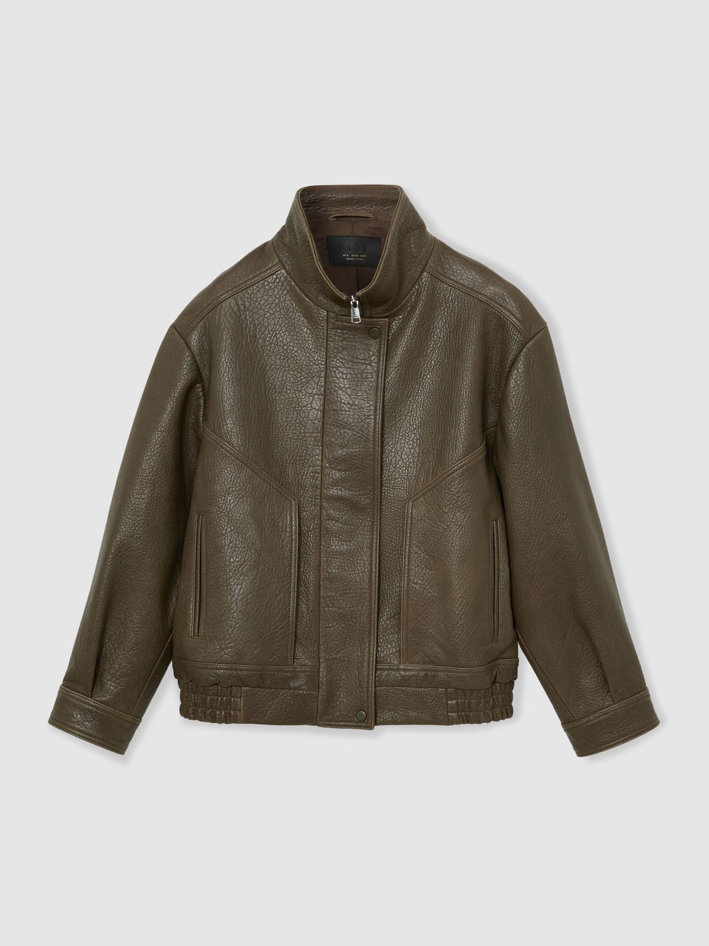 Oversize Grained-Leather Bomber Jacket in Khaki Green