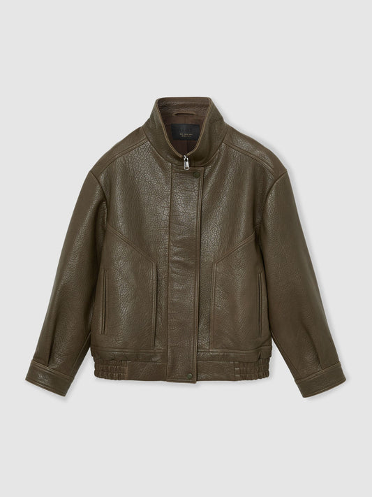 Oversize Grained-Leather Bomber Jacket in Khaki Green