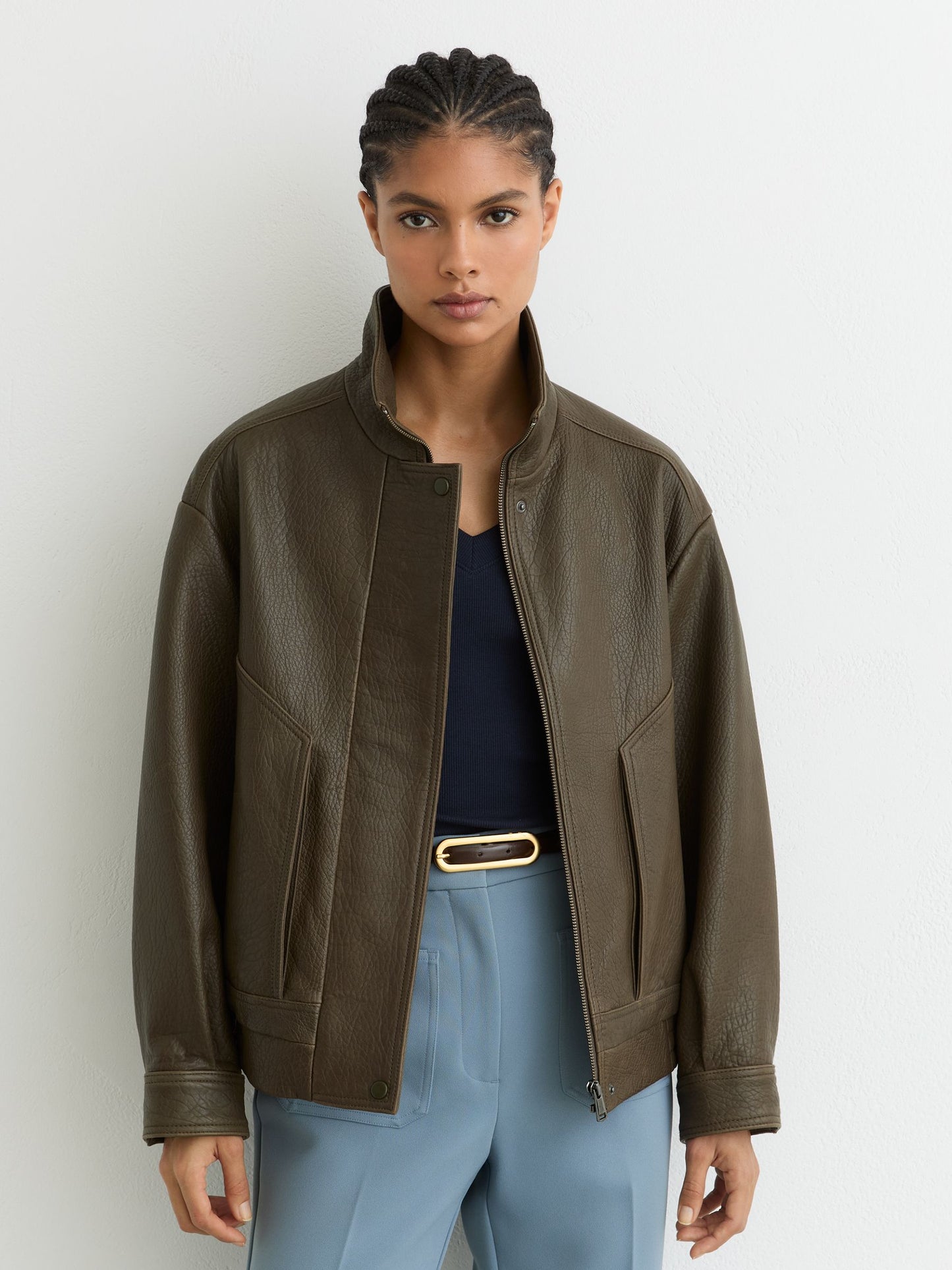 Oversize Grained-Leather Bomber Jacket in Khaki Green