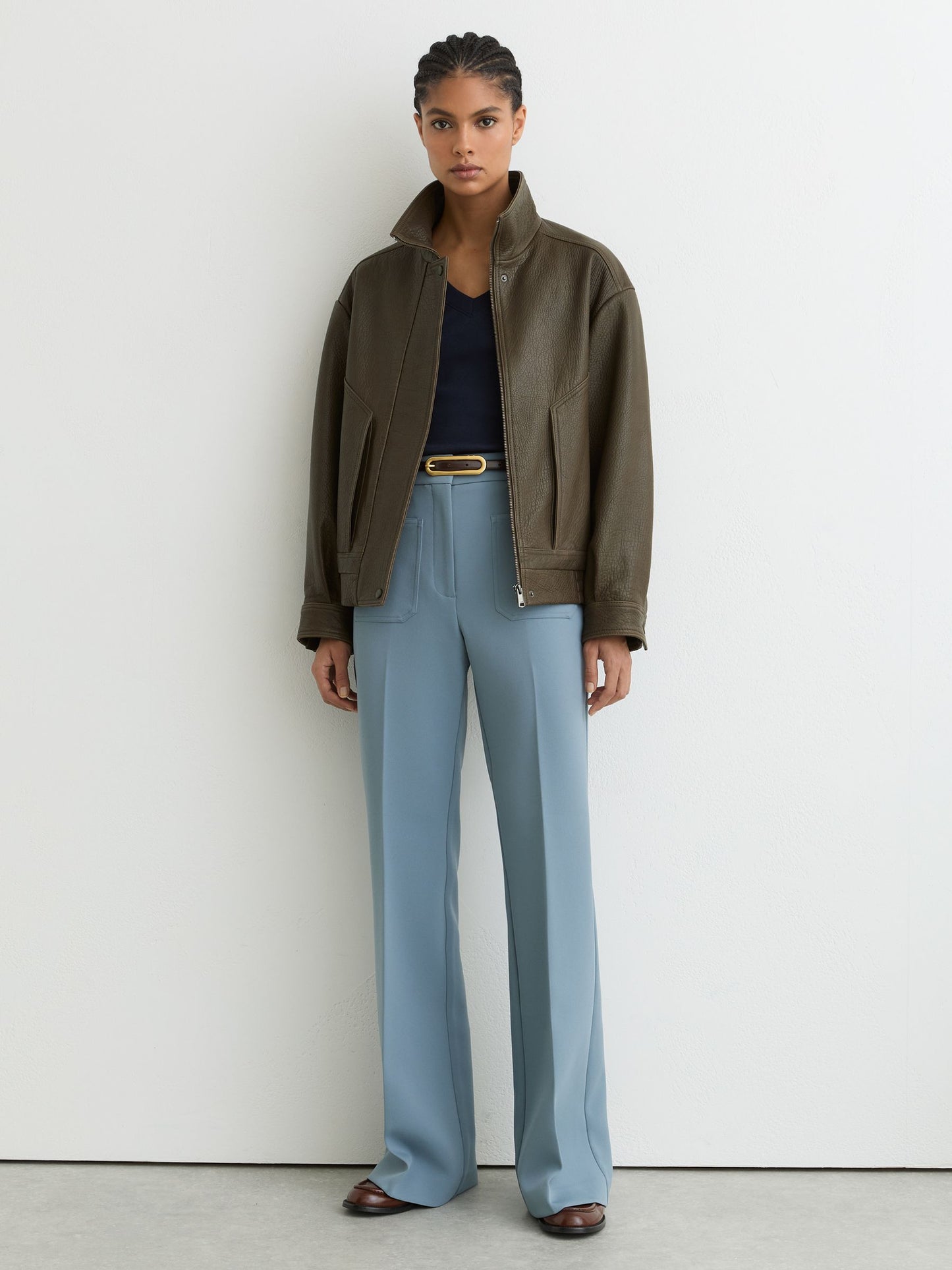 Oversize Grained-Leather Bomber Jacket in Khaki Green