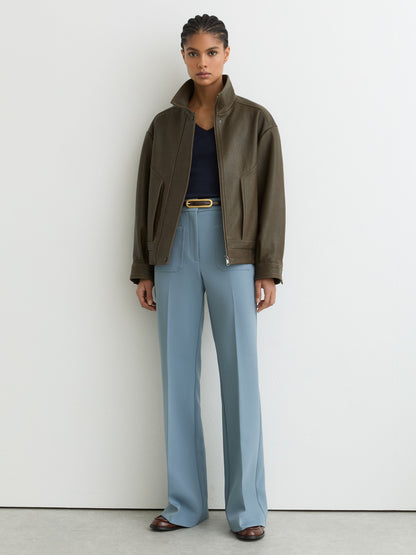 Oversize Grained-Leather Bomber Jacket in Khaki Green